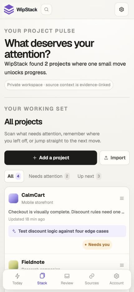 Current WipStack mobile project stack showing priorities, status, and next moves