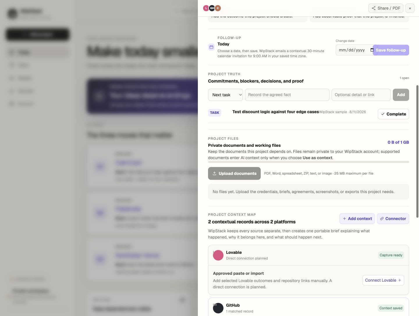 Keep the working material with the project in the WipStack sample workspace