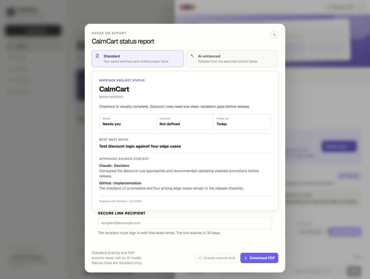 Carry the project forward in the WipStack sample workspace