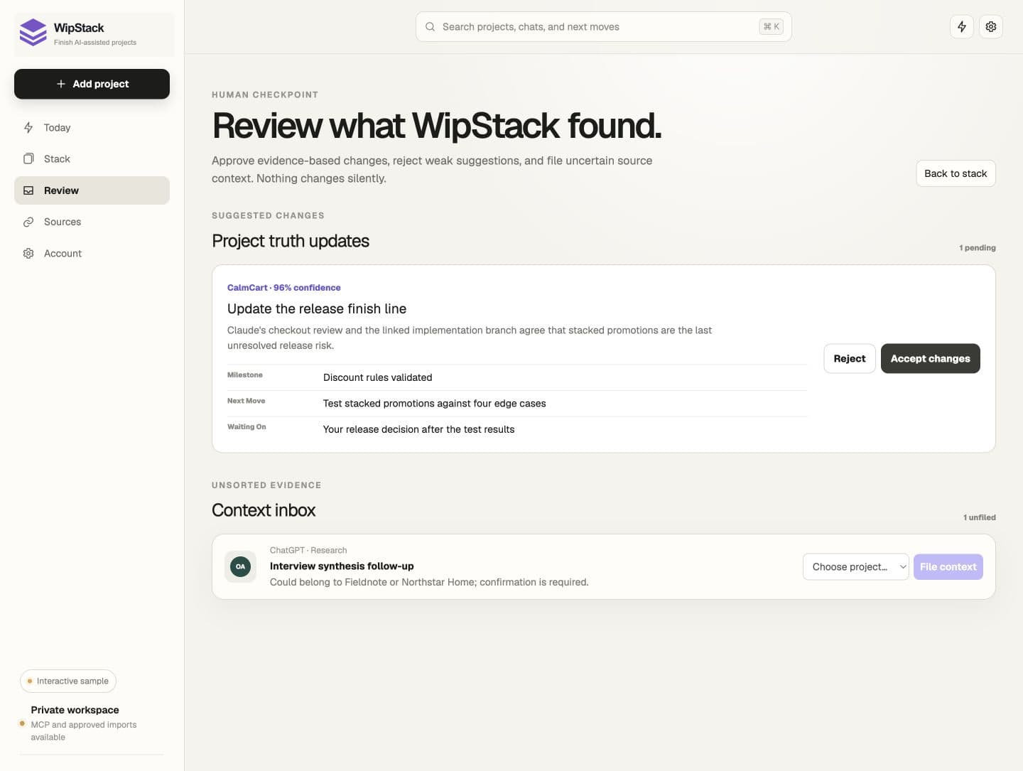 AI suggests. You decide. in the WipStack sample workspace