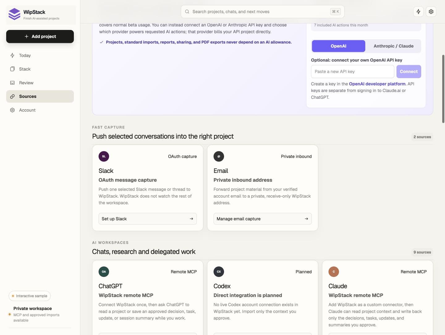 Capture work without surrendering the workspace in the WipStack sample workspace