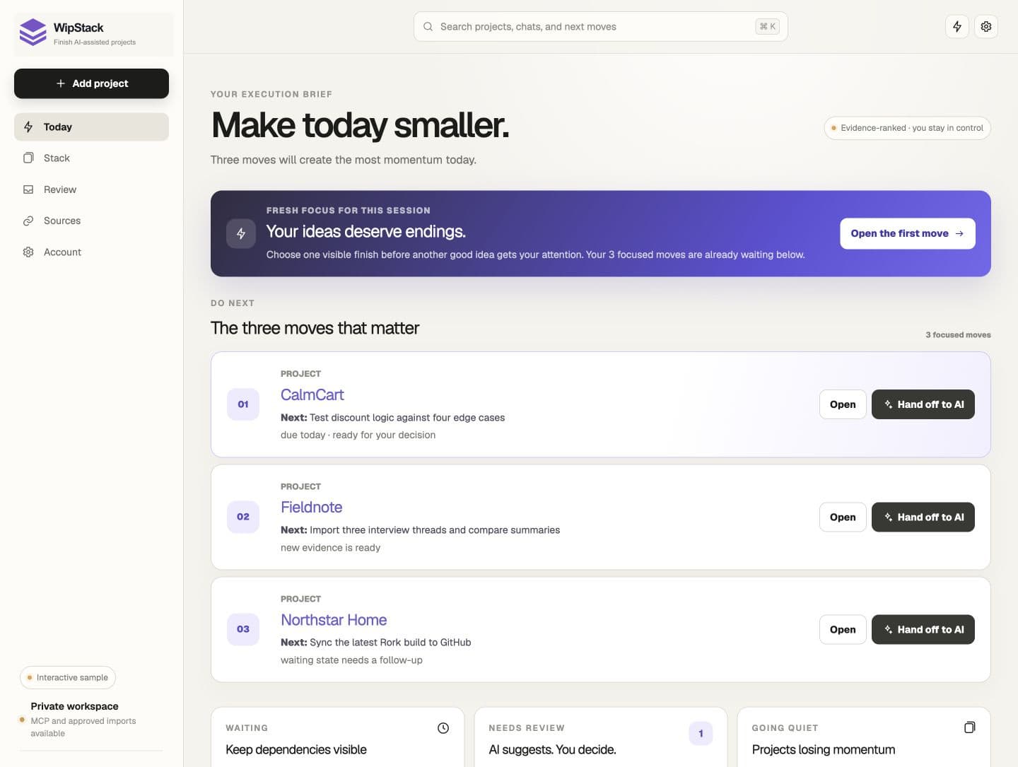 Make today smaller in the WipStack sample workspace
